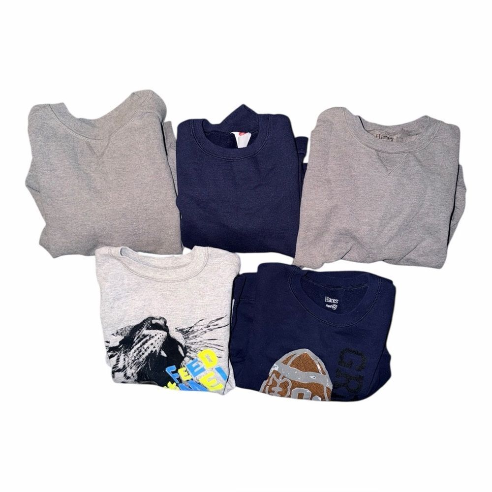 Hanes 5pc Boys Sweatshirt Lot Size 5/6 S Solid Gray Blue Graphic Crew Neck EUC